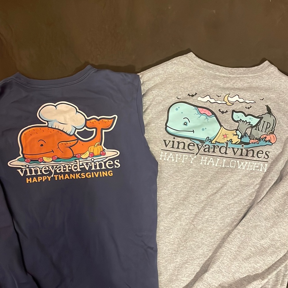 Two Vinyard Vines long sleeve shirts - Halloween & Thanksgiving shirts.